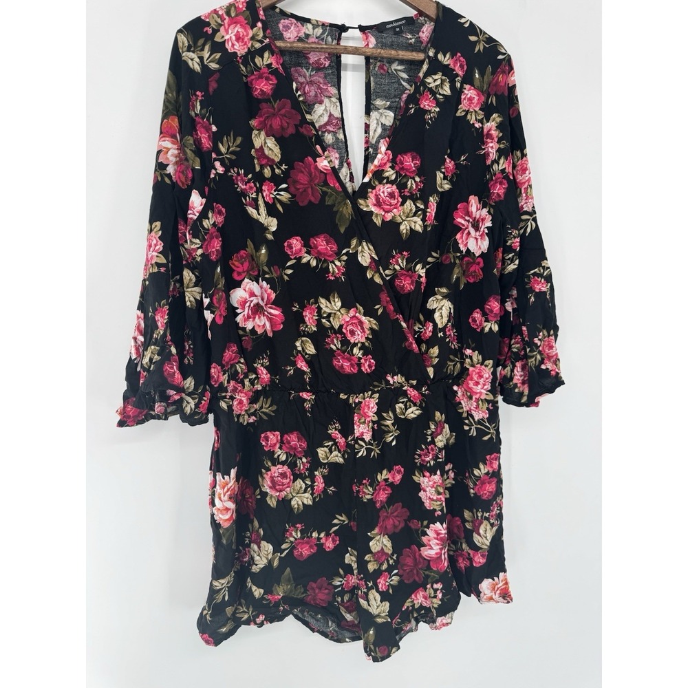 Ambiance Black Floral V-Neck Romper 3/4 bell Sleeve Rayon fairy plus romantic 3X